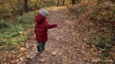 在秋天公园里，穿着夹克和帽子的微笑男孩在铺满黄色落叶的人行道上奔跑